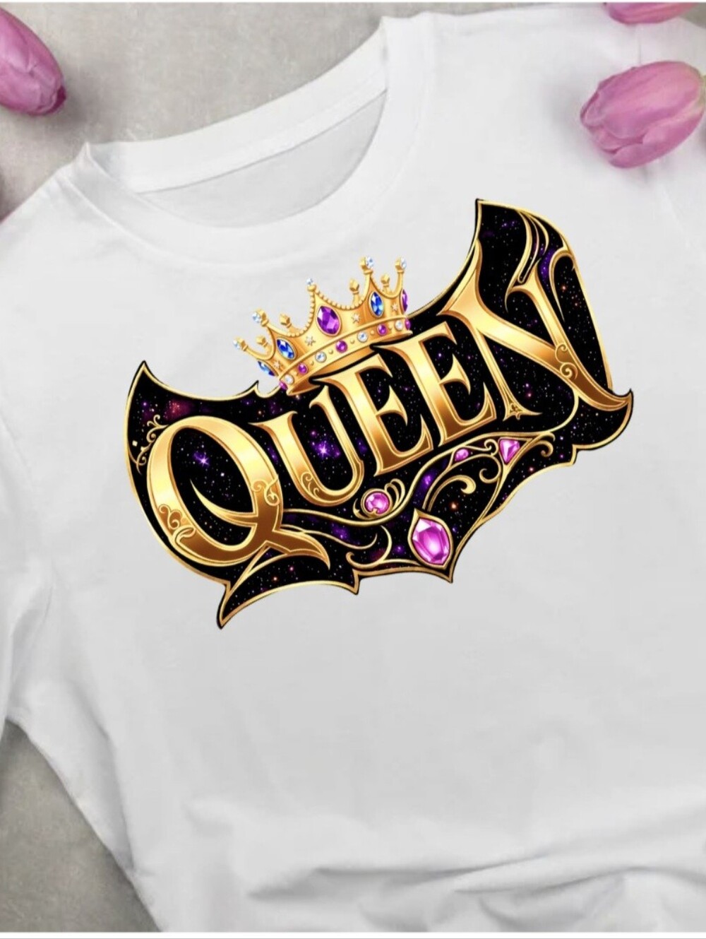 Boutique White Queen Graphic Tee With Hand-Placed Crystals